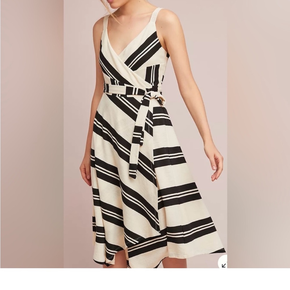 Anthropologie Akemi + Kin Cream Black Striped Wrap Belted A-Line Dress